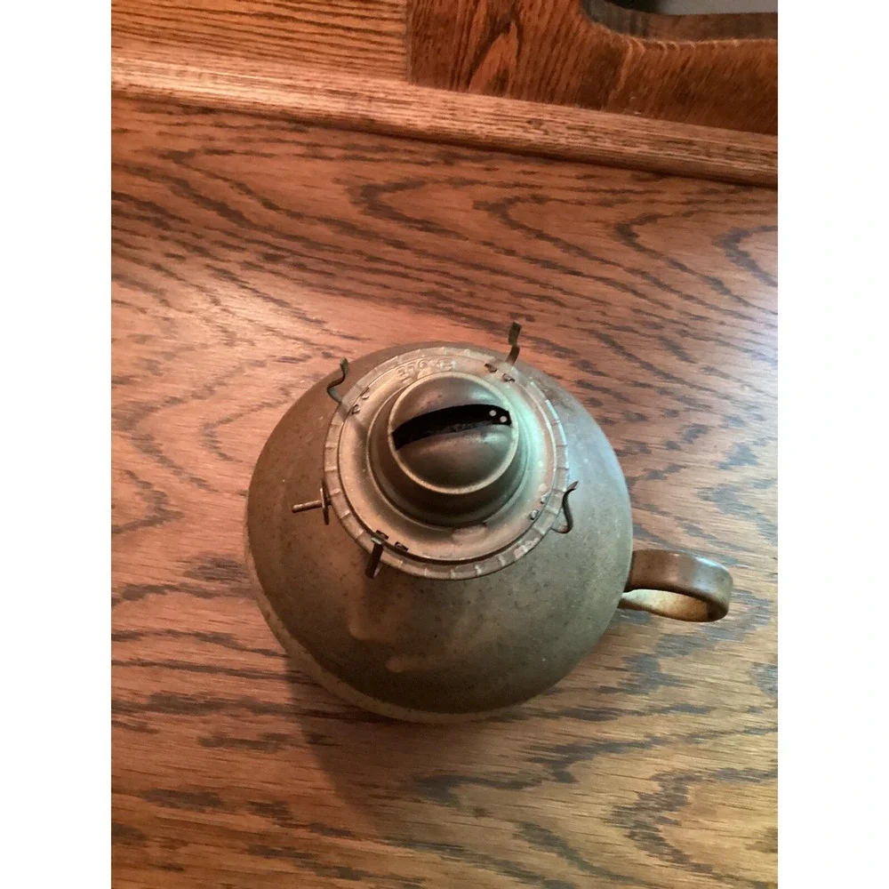 Pottery Art Kerosene Oil Lamp Browns w handle signed‎ vintage